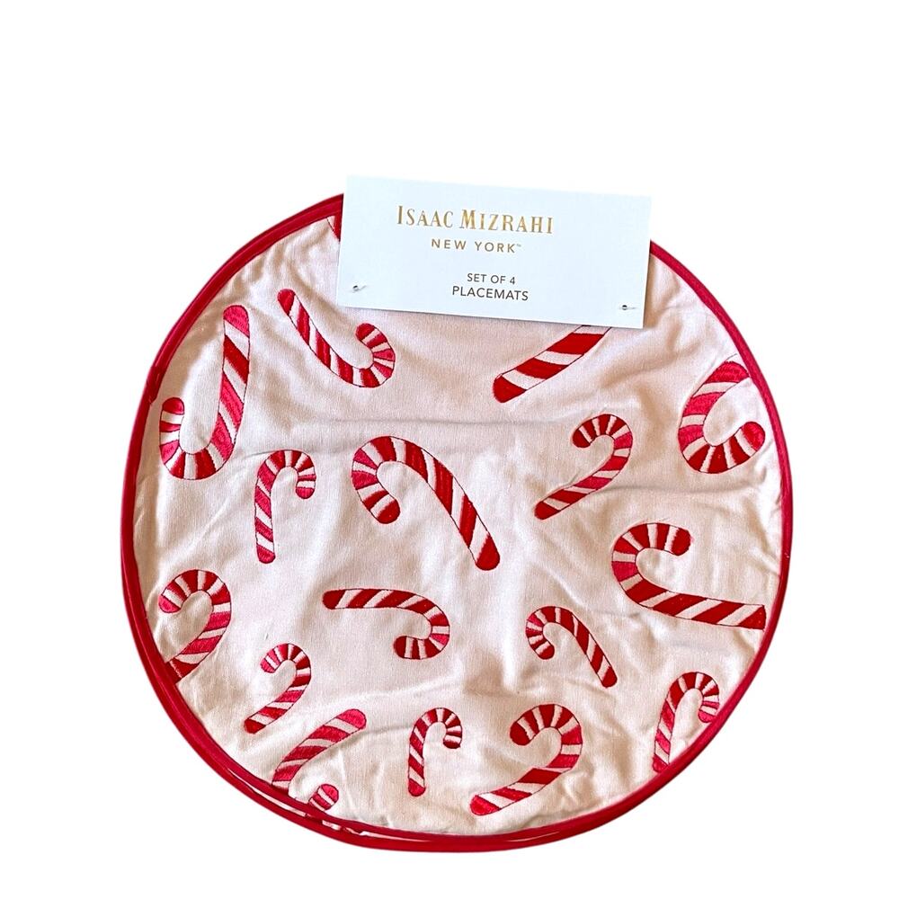 Isaac Mizrahi CANDY CANE Christmas Placemats 15in Embroidered Cotton Pink & Red